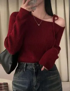 バーガンディ オフショルダー ニット SHEIN 赤