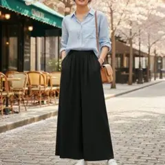 ブラックワイドパンツLブラック ゴムウエスト　フレアパンツ 薄手ゆったりガウチョ
