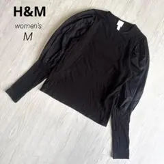 【エイチアンドエム】パフスリーブ リブニット カットソー 黒 M 異素材 美品のサムネイル