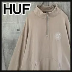 327h【希少XLサイズ】ハフ☆刺繡ロゴ ハーフジップ トレーナー ベージュ