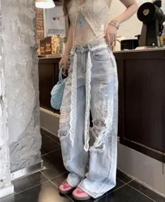 レースライトブルーダメージデニムワイドレッグパンツ