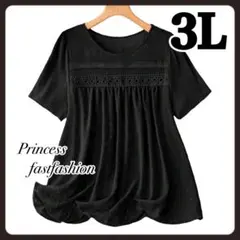 【3L／ブラック】綺麗 レース＆ドット 半袖ブラウス 大きいサイズ