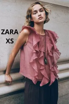 新品未使用　ZARA レディース　フリル付きピンクノースリーブトップス　XS