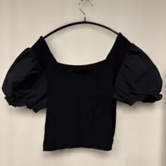 黒 L リブニット トップス パフスリーブ クロップド Dazy レディース