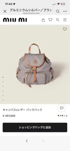 Miu Miu グレー キャンバス・レザー バックパック　ラージのサムネイル