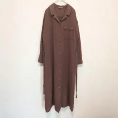 Samansa Mos2　麻混　ロング　シャツワンピース　ブラウン　フリーサイズ