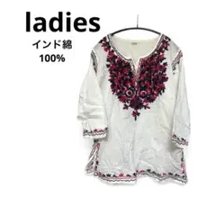 インド綿100% チュニック ブラウス 豪華刺繍 ホワイト レッド 七分袖