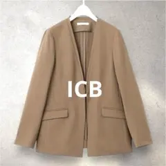 美品 ICB 2WAYストレッチ ノーカラージャケット ブラウン 42 大きめ
