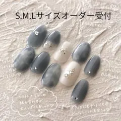 L ブルーグレー ホワイト 大人かわいい ニュアンス 韓国ネイルチップ