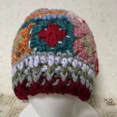 手編み 多色 グラニースクエア帽子