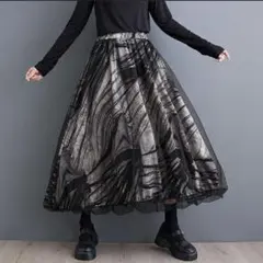 バルーンスカート　ブラック フレア　モノトーン シフォンスカート　レイヤード 黒