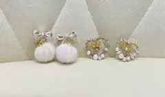 イヤリング2点セット　ファー　ビジュー　リボン　ハート　パール