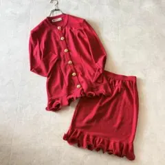 NO.3-206 ヴィンテージ金ボタンセットアップ　ニット素材　スカートスーツ赤