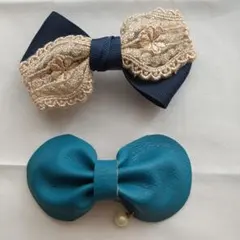 バレッタ  リボン  ブルー   2個セット