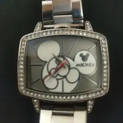 【希少・稼働品】ディズニー ミッキーマウス 腕時計 スクエア ラインストーン 銀