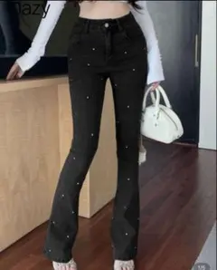 ラインストーン付き フレアデニムパンツ ブラックのサムネイル