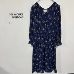 HK WORKS LONDON 花柄ネイビー長袖ワンピース L c784②のサムネイル