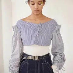美品✨UN3D. アンスリード マルチストライプ クロップドシャツ ドッキングのサムネイル