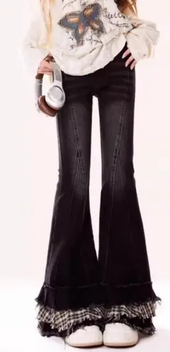 黒 フレアデニムパンツ 裾フリル チェック Y2K ギャル　00s 平成