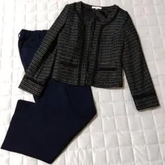 パンツスーツ　ツイード　ラメ　黒　濃紺　セットアップ　40　L