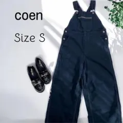 coen サロペット オーバーオール S 黒 ブラック ワイドパンツ 肩紐調整可
