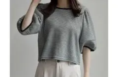 RETRO GIRLパフスリーブストライプTシャツ