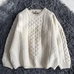 古着　アランニット　3Dニット　ハンドニット　L アイボリー　ホワイト系　厚手. 古着 アランニット 3Dニット ハンドニット L アイボリー ホワイト系