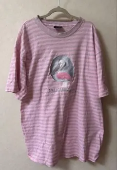 フラミンゴプリントのストライプTシャツ