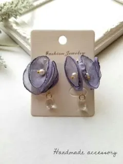 シフォンフラワー アクアマリン パール ピアス イヤリング