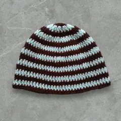 210クラッシャーハット　古着　クロシェハット　ビーニー　ボーダー焦げ茶　水色