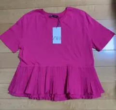 新品 ZARA ペプラムトップス フューシャピンク 半袖のサムネイル
