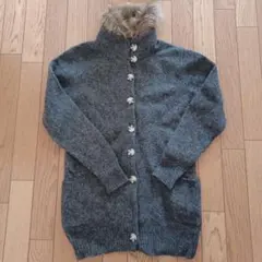 ロングカーディガン、セーター、ニットカーディガン、ダークグレー、ファー付き