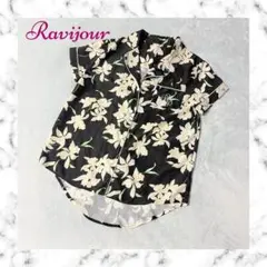 【Ravijour】 黒×白フラワー 前開き半袖パジャマ(上）