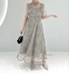 フラップデザインフラワースパンコールAラインワンピースドレス