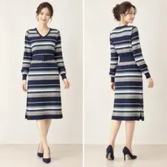 VICKY ビッキー ボーダーニットワンピース ベルト付き Vネック 紺 2