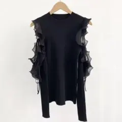 フリルスリーブニットプルオーバー ブラック