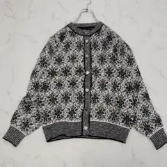 カーディガン ノルディック柄 ノーカラー 花柄 モノトーン 高見え 上品 冬