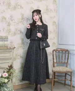 LisOne フリンジツイード　スカート　BLACKゆりいち