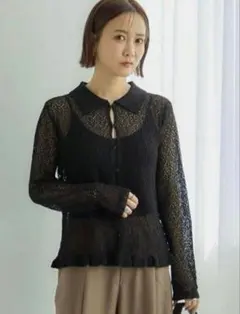 【10/14まで】mysa closet 襟付き透かし編みカーディガン 黒 M