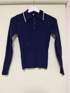 ネイビー リブ編み ポロセーター 長袖
