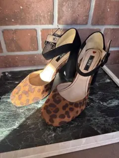 美品　R&E レオパード柄 アンクルストラップ パンプス