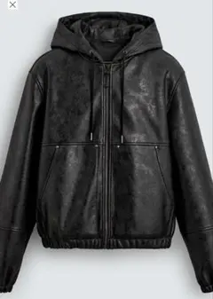 ZARA 黒 フード付きレザージャケット フェイクレザー パーカー ザラ メンズ