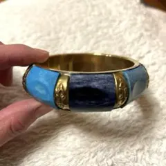 青紺金のストライプ バングル 太め バネなし エスニック ブレスレット　即日発送