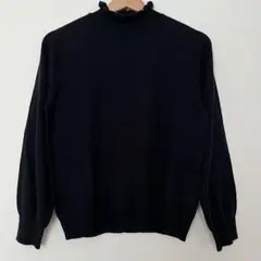 ニット セーター ネイビー 長袖 フリルネック ハイネック タートルネック 紺色