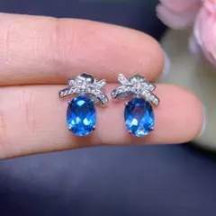 天然ロンドンブルートパーズピアス S925 深色 高級ジュエリー 6×8mm
