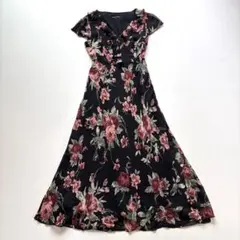 美ライン ローラアシュレイ シルク 花柄 ワンピース フリル Aライン 黒　7