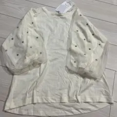 新品　オフホワイト ドット柄チュール袖 Tシャツ M