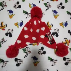 ミニーマウス　ニット帽　赤　ハート　女の子　耳あて付き　ポンポン付き　５０〜５２