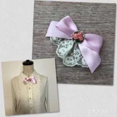 ローズブーケ風ジャボ付きサテンリボン 選 パステルペールピンク 白レース 銀