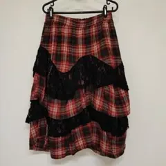 レースフリル付き赤黒チェックフレアスカート